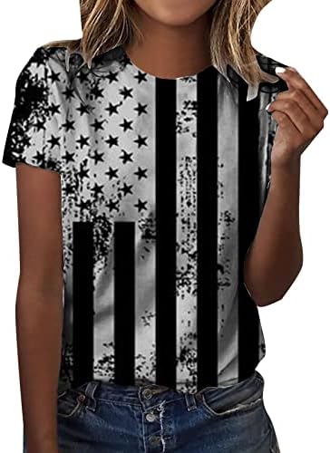 Printенски обичен патриотски патриотски знаме на САД, печатење на знаме на 4 -ти јули, екипаж на екипажот Краток ракав летни маици врвови лабави