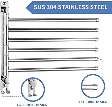 Rack Swivel Train Rack, шипка за пешкири со wallид монтирана од 180 ° ротација, 6-ракавички закачалка за пешкири за SUS 304 не'рѓосувачки