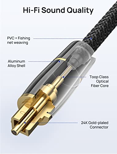 JSaux Digital Optical Audio Toslink Cable 6ft, [24K злато-позлатен, ултра излив] кабел за оптички влакна Машки до машки кабел компатибилен