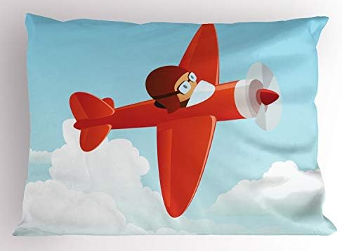Амбезон Авион Перница срам, авион што лета во облачно небото мало момче пилотски цртан филм, декоративна стандардна големина печатена перница, 26 x 20, портокалово си?