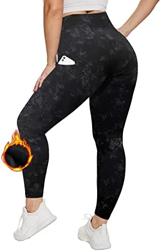 Хлтпро Плус Големина Хеланки Обложени Со Руно Жени Со Џебови-Црни Термички Топли Јога Панталони Со Висок Струк за Вежбање