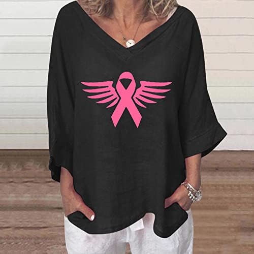3/4 ракав Постелнина памук V вратот Графички бренд Капри Капри за рак на дојка Топ маица за жени лето есен е 0л