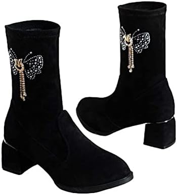 Чизми за глуждот Sinzelimin женски глуждови модни стадо Rhinestone Applice Snow Booties Chunky High High Height Toe Toe Mid Calt Combat Boot