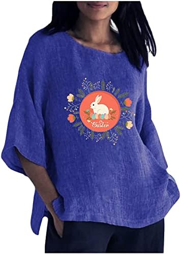 Велигденска маица жени женски моден тркалезен врат 3/4 ракав маица горниот памук и ленена кошула за зајаче
