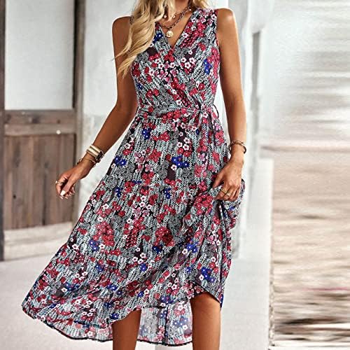 Пролет &засилувач; Летен Фустан За Жени 2023 Печатење Мода Обичните Дами Без Ракави V-Вратот Тенок Обврзувачки Фустан
