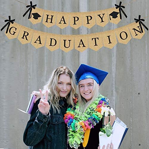 Бурлап Среќен Банер За Дипломирање | Рустикални Гроздобер Украси За Дипломирање | Совршен За Материјали За Забави За Дипломирање