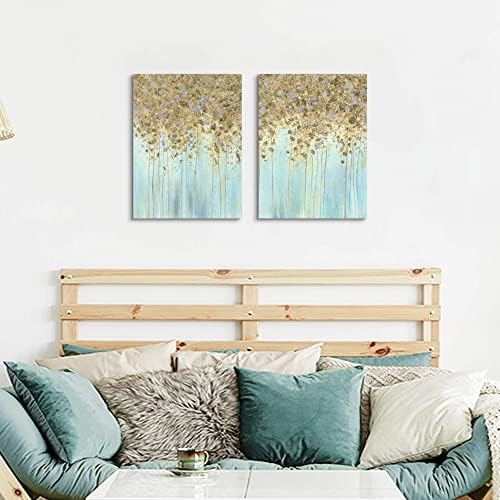 Сино апстрактно платно wallидна уметност: 2 парчиња сликање модерна природа слика минималистички шумски пејзаж современи тиркизни уметнички