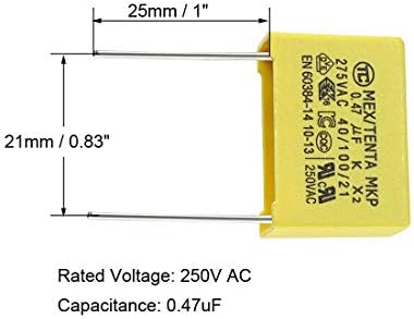 Безбедносни кондензатори на филмот Uxcell полипропилен 0.47UF 250VAC X2 MKP 5 компјутери