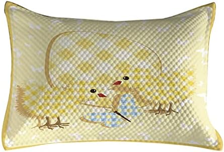Цртан филм Ambesonne ватирана перница, апстрактен дизајн на пилиња со карирана шема пеперутка гигант јајце смешно, стандардно
