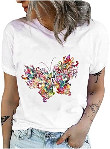 Пеперутка Печатени Кошули За Жени Екипажот Графички Маици Краток Ракав Круг Вратот Маици Лабава Опремени Блуза Блузи