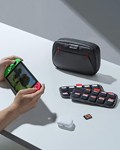 Tomtoc Switch Tab Tog со 2 картони за Nintendo Switch картички за игри, Организатор на додатоци за прекинувачи, преносен тенок мек случај за прекинувач за радост, полнач