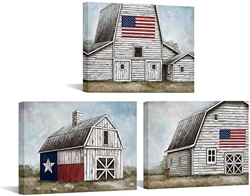 Levvarts 3 парчиња фарма куќа штала платно wallидна уметност гроздобер кабина со знаме на знаме на САД, печатење рустикален тексас пејзаж слика за уметнички дела за фарма