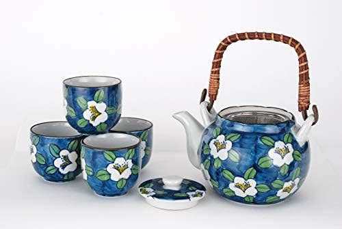 Фуџи стока Корп јапонски стил чај сет порцелански сад за чај 22 fl oz со цедалка и 4 чаши поставени дизајн на цвет на магнолија