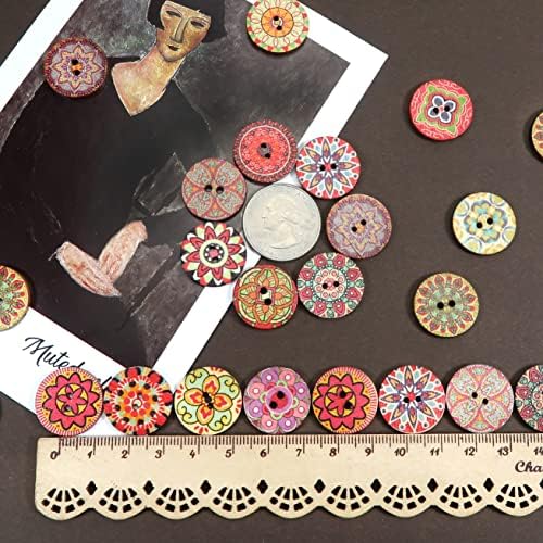 Дрвени копчиња Tuuxi 100 парчиња кружни 2 дупки старомоден ретро обоен цвет за шиење занаети DIY случајни обрасци на бои 0,78in