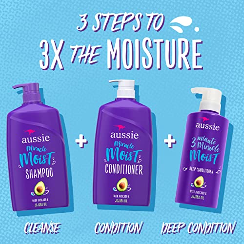 Aussie Miracle Mampopo Shampoo, и 3 минути чудо длабоко кондиционер, пакет за третман на коса, нанесено со масло од авокадо и австралиско, Paraben Free, White, Citrus, 3 парчиња сет