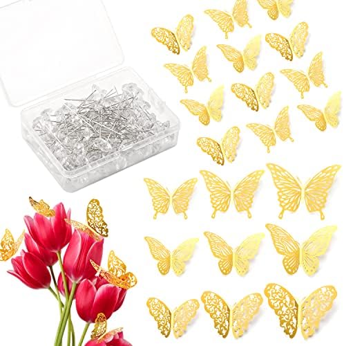 Лутер 100 парчиња букет свадбени корпази иглички и 48 парчиња 3Д злато пеперутка wallид декор, цветна дијамантска ригинестонс иглички кристални