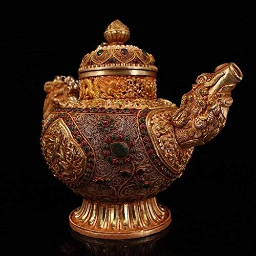 Ironелезен чајник со орнаменти за собирање на инфусерант, тибетски сребрени вметнати скапоцени камења Филигран змеј чајник колк