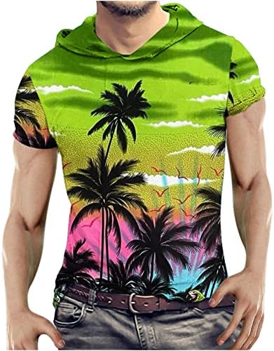 Машки обични маици со качулка Хавајска плажа графички принтрики кратки ракави летни врвни модни пуловер блуза