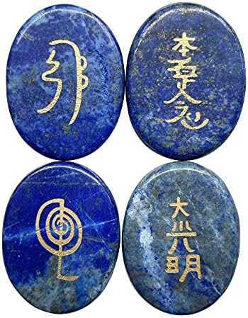 Fekuar 4 парчиња врежан реики симбол палм камен сет, полирани овални кристални камења за заздравување на медитацијата за балансирање на