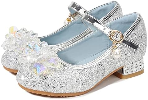 Дете за мали деца Девојки облекуваат пумпи за сјајни сјајни принцези цвет со ниски потпетици, шоу -шоу чевли за танцување лак сандали
