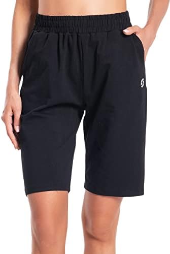 S Spowind Women'sенски Бермуда шорцеви долга памучна пот плети шорцеви со џебови дневна атлетска вежба за вежбање на коленото