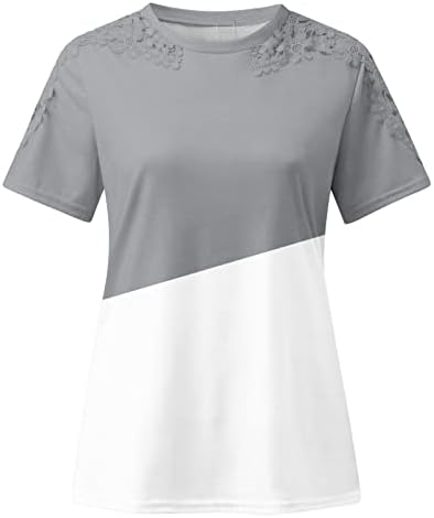 Женска маица за лето 2023 година случајна печатена чипка со тркала од врата, шуплива од кратки ракави, пулвер за блуза за блуза