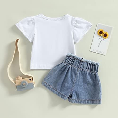 Детето бебе девојче кратка летна облека цврста кратка ракав маица тексас шорцеви облеки 2 парчиња сет