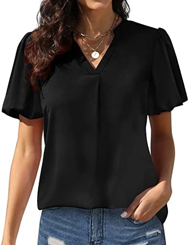 Кошули за жени 2023 лабава обична маица со кратки ракави летни V-вратот цврста маичка маичка лабава лесна блуза Туника врвови