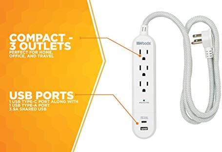 Вудс 41026, 250 Joules Заштита 3-Outlet 250J Surge Protector со кабел со плетенка од 4 ', 3,9A USB-A & USB-C полнач, бел, USB-A