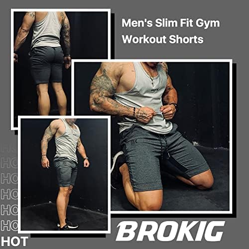 Брокиг машки бутовите мрежа салата за боди -билдинг шорцеви, тенок фит атлетски тренинг што работи шорцеви за мажи со џеб од патент
