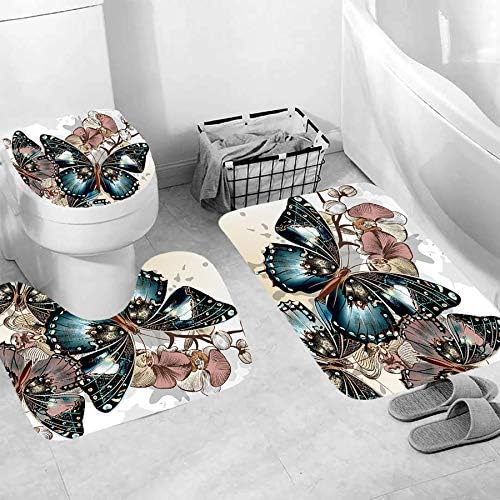 Ујојен 4 Еез Монарх Пеперутки Туш Завеса Во собата Со Не-Лизга Килими, Капакот На Тоалетот И Бања Мат Шарени Цветни Со Пеперутки Туш