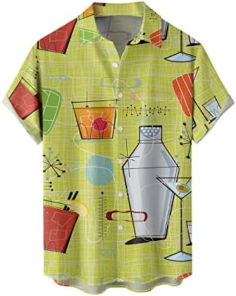 Гроздобер кошули за мажи случајни копче надолу во куглање кошули 50 -ти рокобили стил краток ракав Хавајски кошули