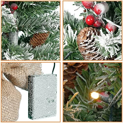 Чичиќ 20 инчи прелитни вештачки мини новогодишно дрво Снег се собра мала таблета новогодишна елка украсена со LED светла, бор конуси, бери