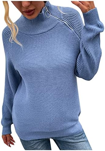 Џемпери за жени паѓаат буци плетени долги ракави пулвер џемпер цврста боја случајна тешка патент нагоре на врвовите на скокачот сино