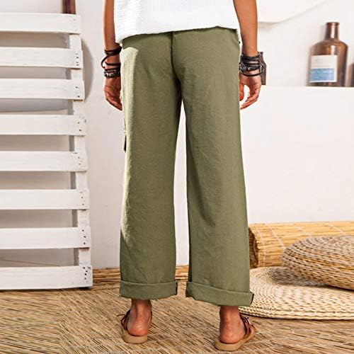 Женски широки памучни памучни ленени панталони обични лесни летни панталони меки удобни панталони со џебни панталони