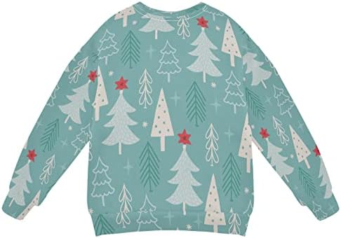 Божиќни дрвја снегулки тиркизна момче девојче џемпер на екипажот на џемпер за џемпер, дете, долга ракав есен зимска облека