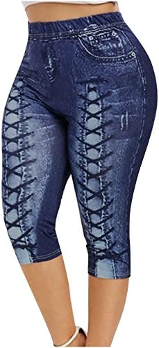 HCJKDU женски јога пантолони еластична половината faux тексас печати каросерија за дното на панталони со џебови плус големина тенок вклопуваат