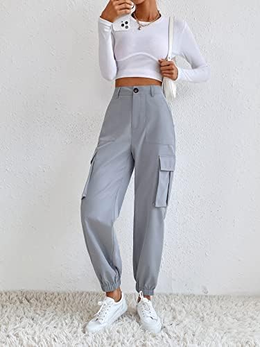 Makemechic женски обични товарни панталони со високи половини со високи половини со џебови
