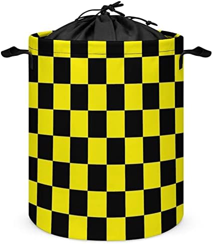 Жолта Црна Карирана Тркалезна Торба За Перење Водоотпорна Пречка за Складирање Со Капак И Рачка За Врвки