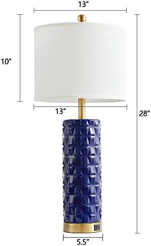 Ндзмн Модерни Сини Столни Ламби за Спална Соба Комплет од 2 Со Текстура Дијамантска Шема, 28 Керамичка Ноќна Ламба Со USB+C Порти