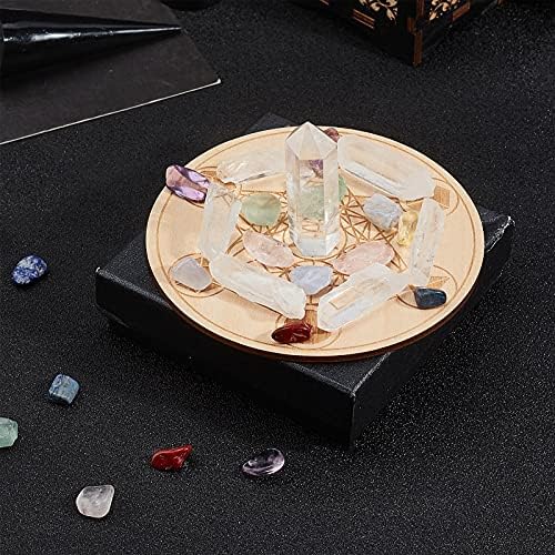 Сончеви кристали Стоунс поставени 21 парчиња 7 бои чакра камења чисти кварц кристални брадавици за и дрвена плоча за медитација колекција на јога