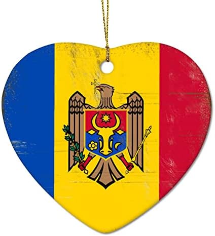 Молдова знаме керамичко срце Божиќ украс за дрво Шабиј шик Национално знаме Смешно Божиќни украси на дрво Двојно еднострано декор за празници за чување подароци з?