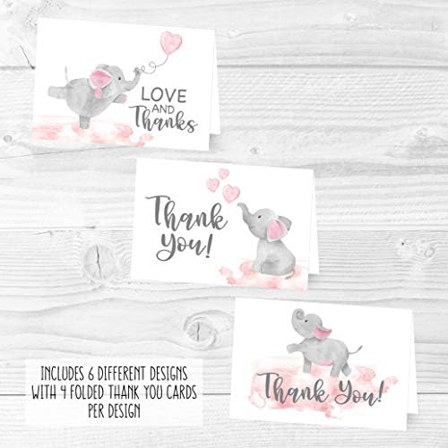 24 Розова Слон Бебе Туш Ви Благодариме Картички Со Коверти, Деца Ви Благодариме Забелешка, Животните 4х6 Различни Благодарност Картичка Пакет
