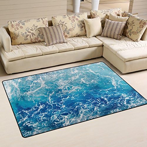 Велли водни бранови област килим, сина песечка површина на морска вода, килим без лизгање за живеење за живеење во соба за простории за спална