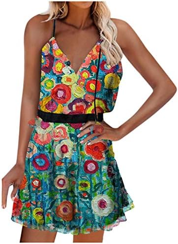 Фустани за жени обичен летен фустан V-вратот Sundress без ракав мини фустан цветен принт плажа бохо фустани