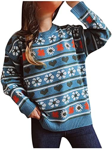 Џемпер за жени симпатична срцева печатена облека за пикалови 2022 зимски топло екипи џемпери со долг ракав плетен скокач врвови