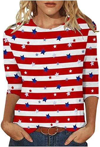 4 -ти јули 2023 година маица за жени Американски знамиња врзани бои на врвови на екипаж 3/4 ракави блузи случајни модни кошули