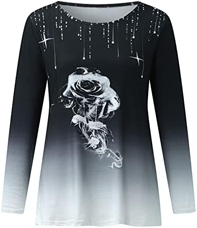 Kcjgikpok omeенски мода 3D роза печати долги ракави кошули случајни тркалезни џемпери графички маички графички маички лабави блузи врвови