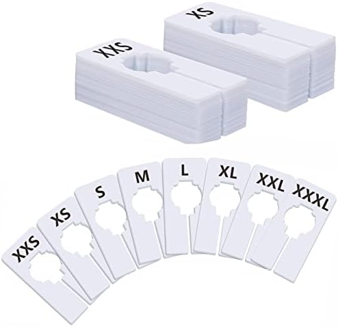 40 пакувања Правоаголна бела пластична облека со големина на плакари за рак, закачалки, отпечатени во 8 големини xxs, xs, s, m, l, xl, xxl,