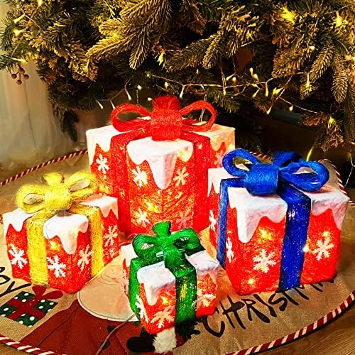 [Екстра големи 11 -9,5 -7,5 -6,5] 4 Пакувани кутии за подароци Божиќни украси 70 LED 8 режими Тајмер далечински управуван од снегулка